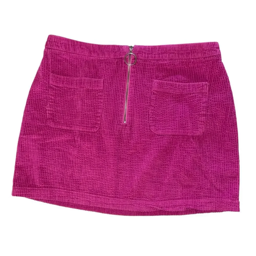 Fuchsia Pink Cotton Corduroy Center Zip Pocket Mini Skirt Medium